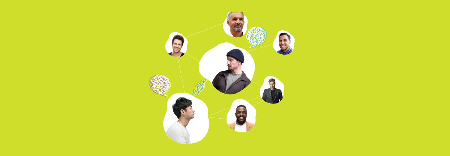 Photos of seven people arranged in a circle, representing the concept of polyamory