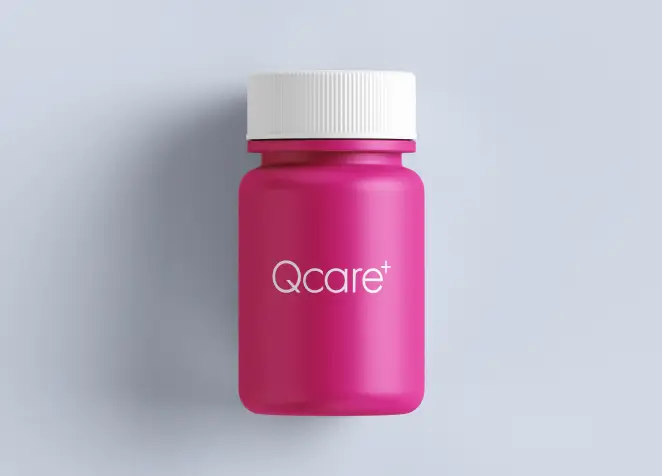 Q Care Plus branded pill bottle